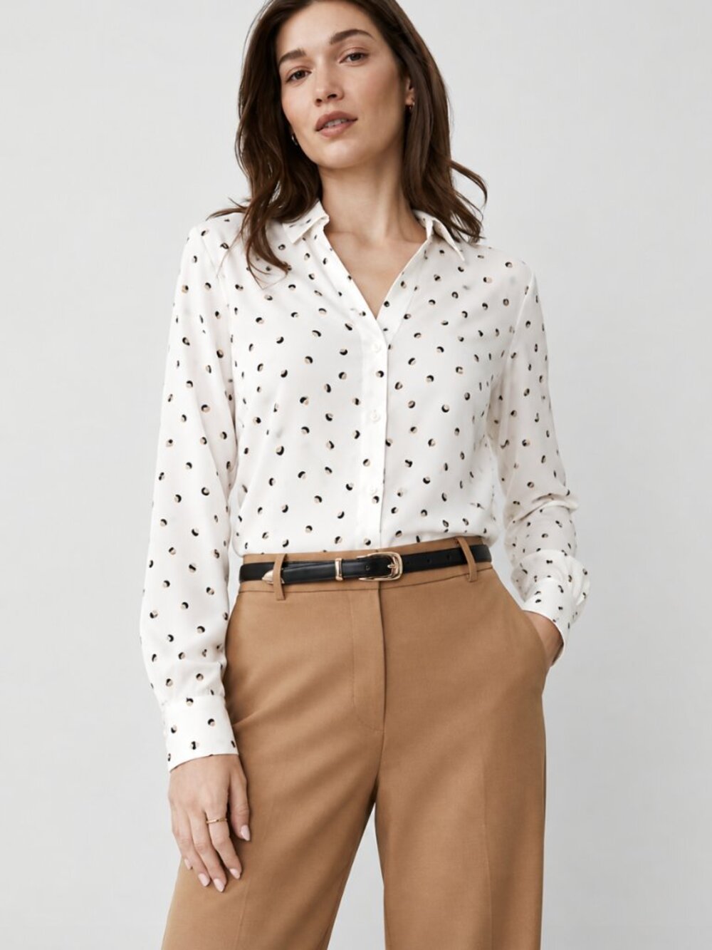Ann Taylor Essential Satin Ivory Abstract Dot Print Button Shirt - Size L - NWT